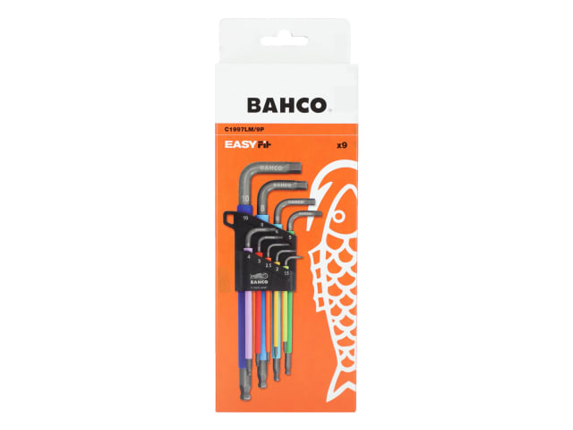 Bahco 9-piece metric long ball end hex key set in a black holder on orange packaging with fish design.
