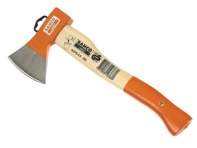 Bahco Standard Hand Axe with orange forged steel head and curved ash handle with barcode label.