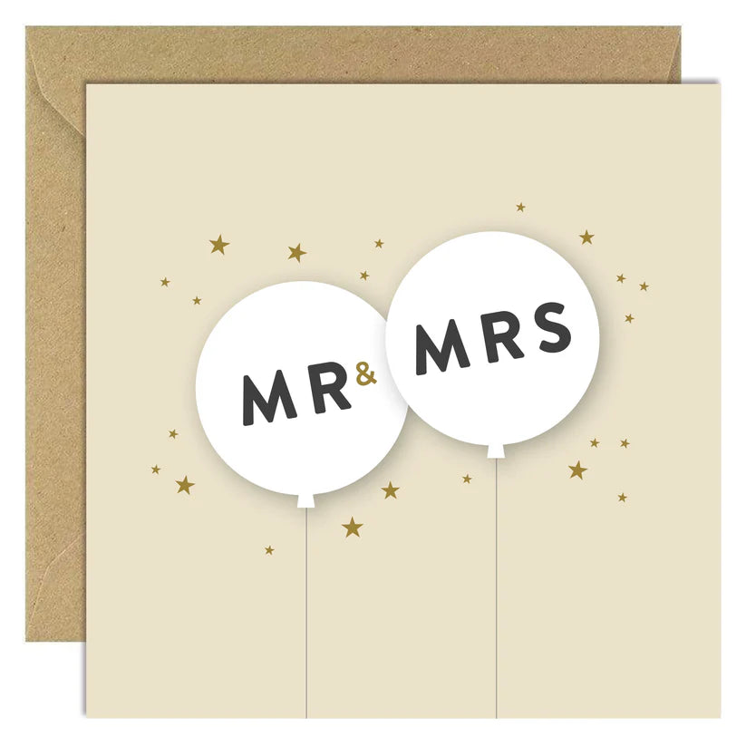 BBunny Mr & Mrs wedding card with white balloon design and gold stars, shown with kraft brown envelope.