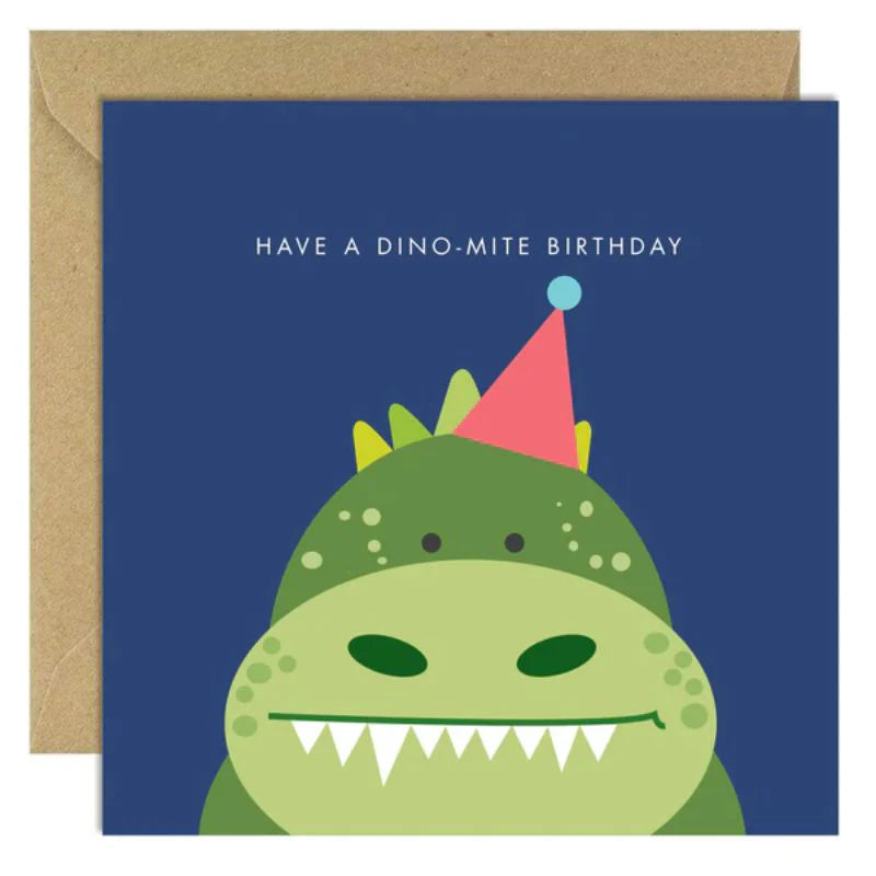 Birthday card with a smiling green dinosaur wearing a party hat and "Have a Dino-mite Birthday" text on blue background.