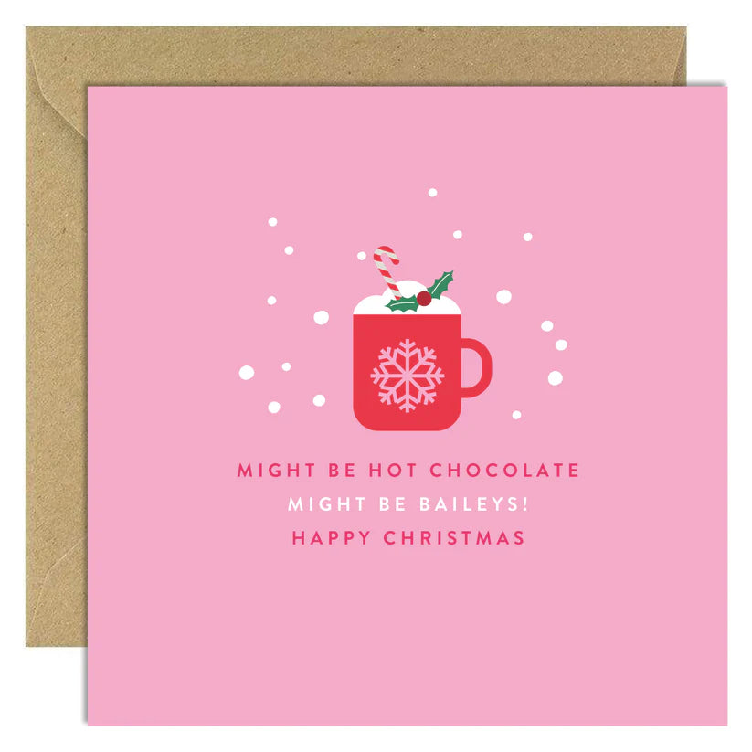 BBunny XMAS Might Be Baileys card with red mug, candy cane, holly, and festive text on pink background with brown envelope.