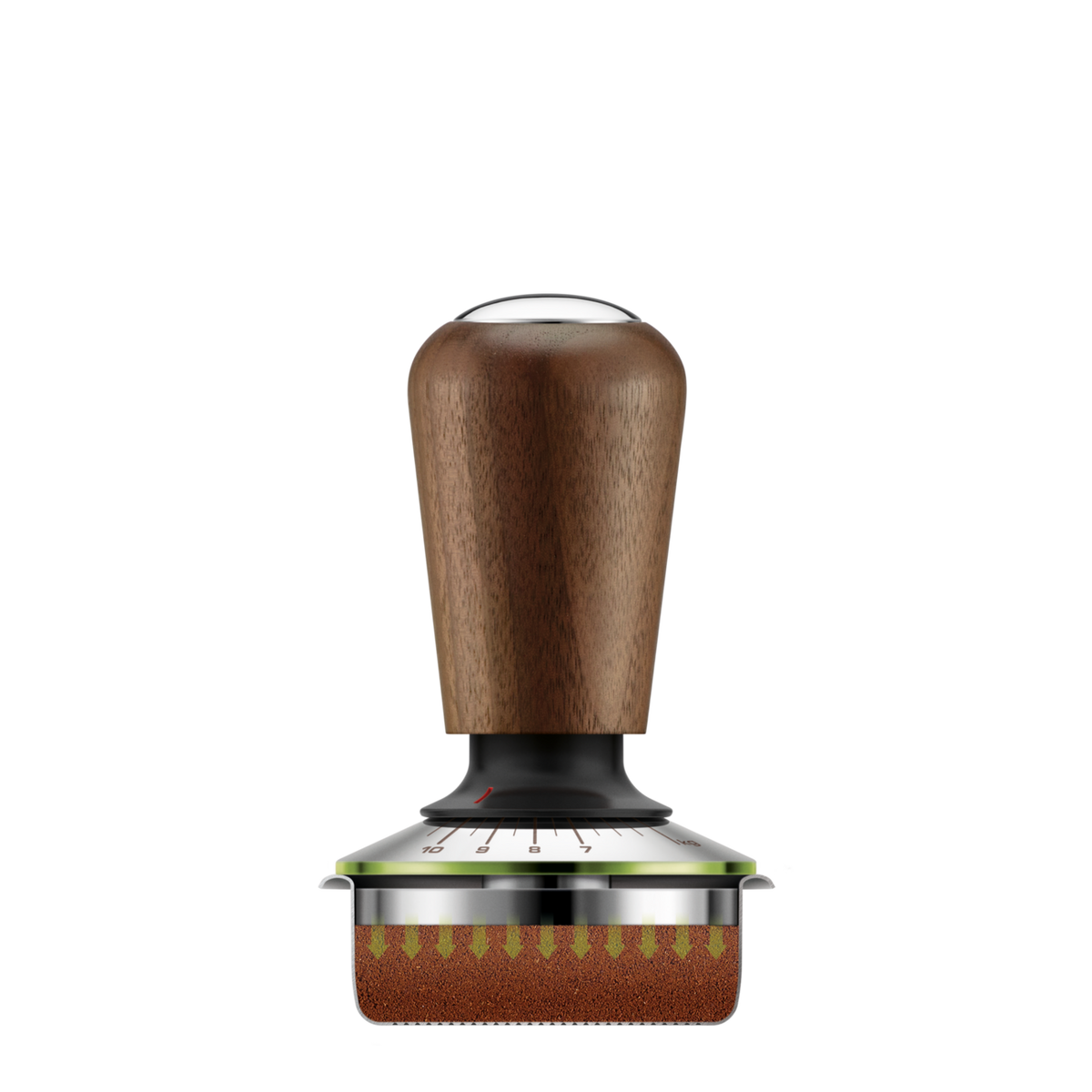 Sage the Force Gauge Tamper with wooden handle and pressure scale, pressing coffee grounds in portafilter