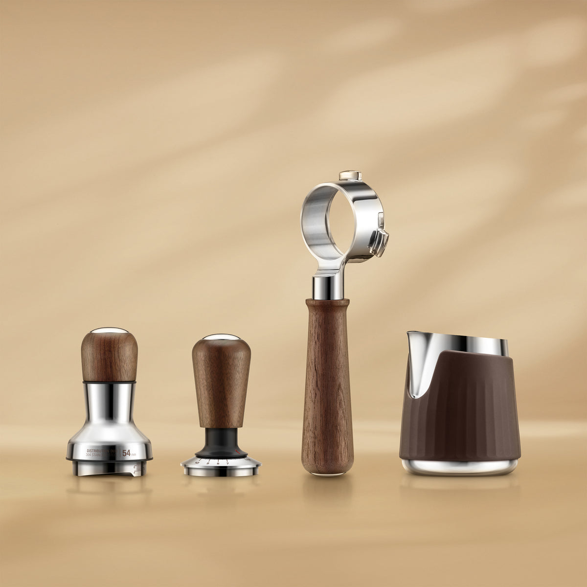 Sage the Force Gauge Tamper with wooden handle and stainless steel ring, shown with coffee tools on beige background