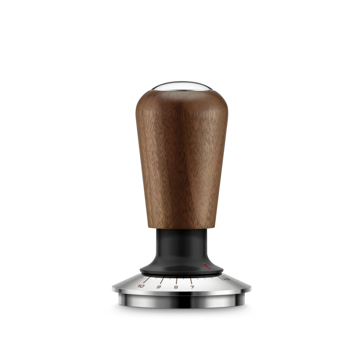 Sage The Force Gauge Tamper 58mm with walnut handle and stainless steel base showing adjustable pressure dial