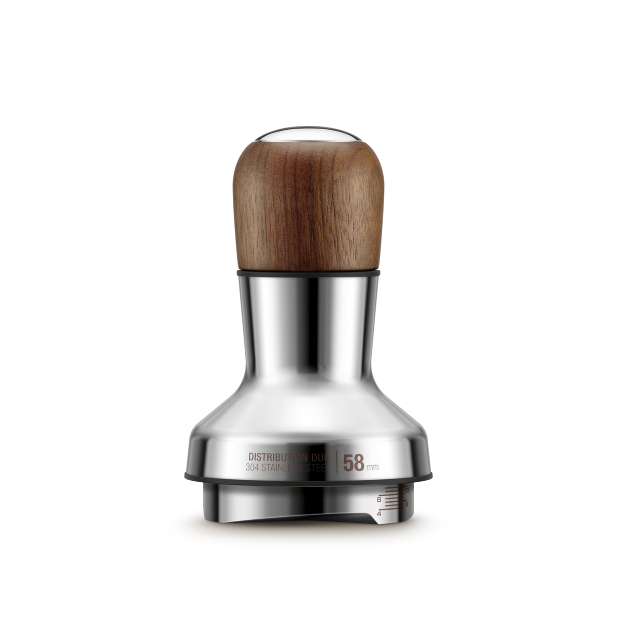 Sage Distribution Duo 58mm tamper with stainless steel base and wooden handle shown front view on white background