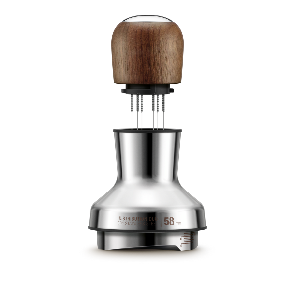 Sage The Distribution Duo 58mm with walnut handle, stainless steel body, and adjustable distribution pins extended above