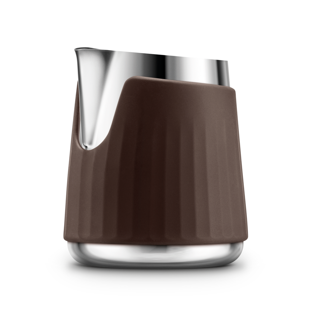 Sage The Pro Control Jug 420ml with stainless steel body and removable brown silicone sleeve, front view.