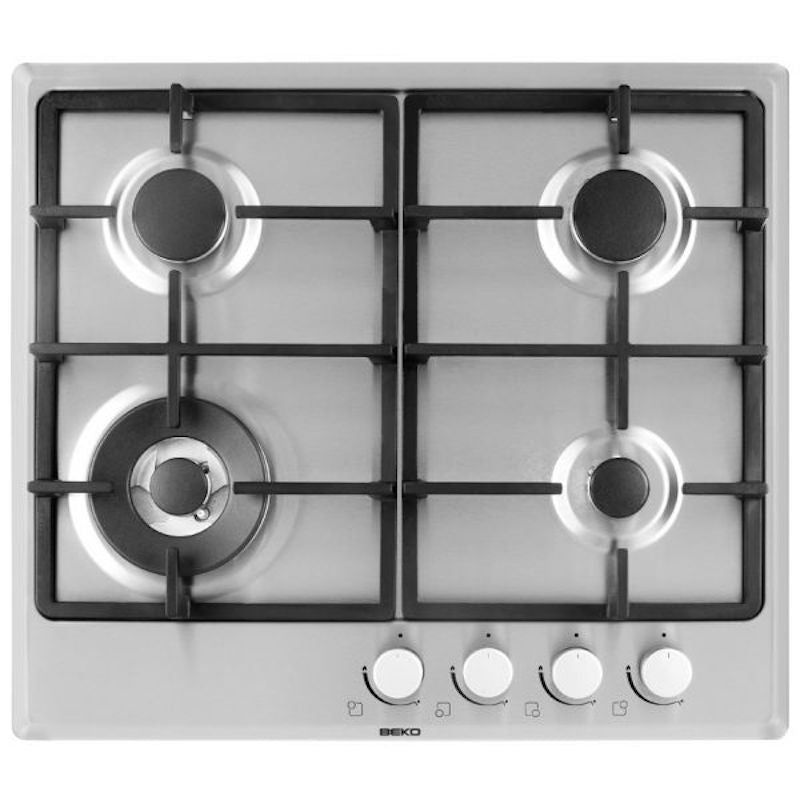 Beko HIAW64225SX 60cm gas hob with wok burner, cast iron supports, stainless steel finish, sold by Kean’s Claremorris. –