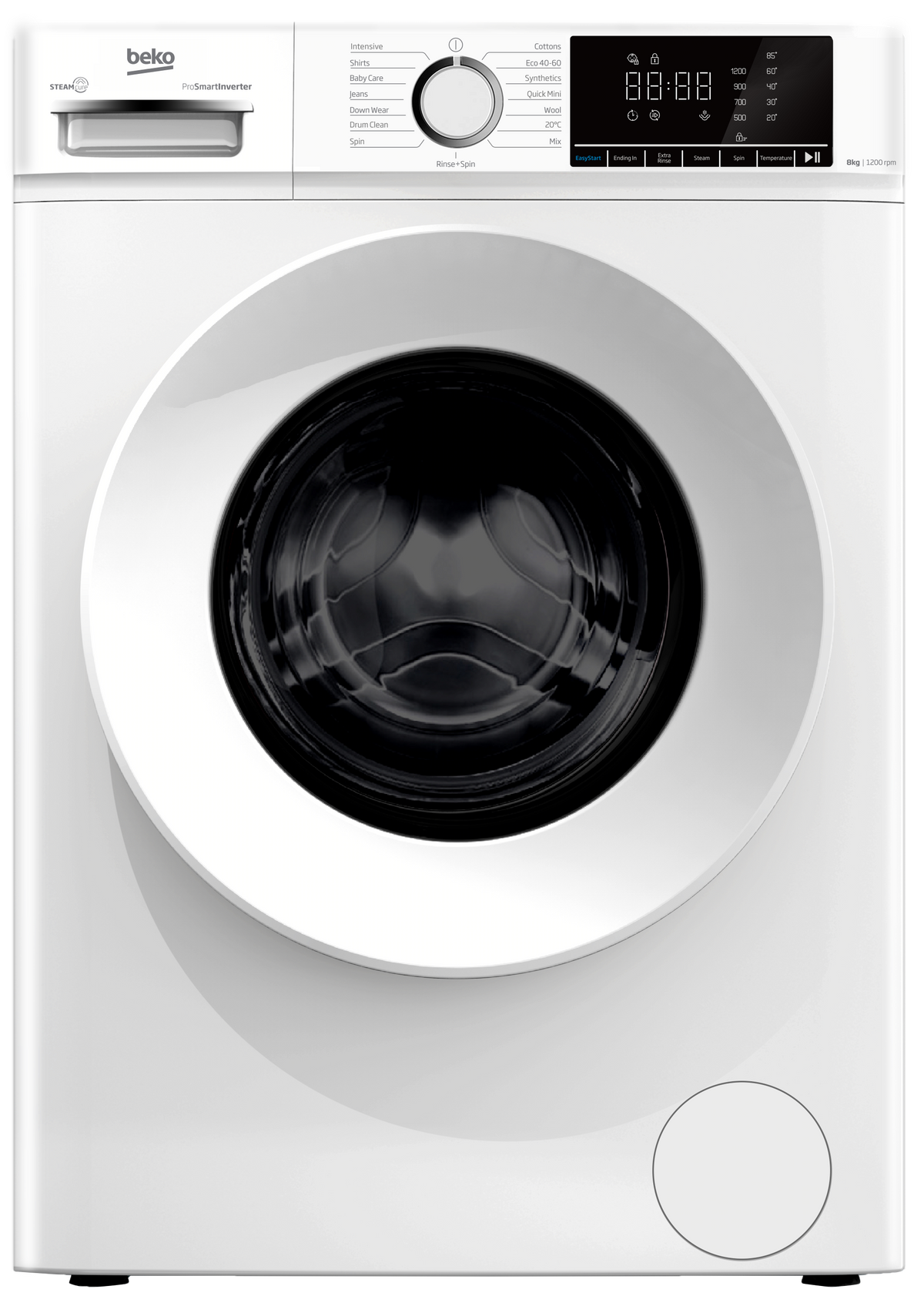 A front-loading washing machine in white with a large circular door, a top control panel with a digital display and dial, and the Belkin logo on the upper left.