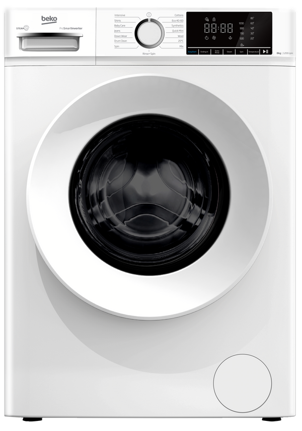 A front-loading washing machine in white with a large circular door, a top control panel with a digital display and dial, and the Belkin logo on the upper left.