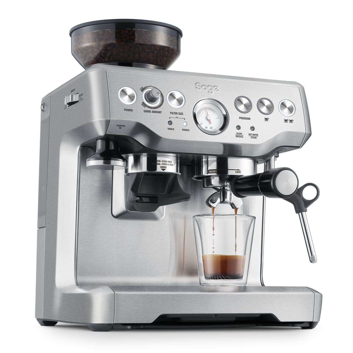 Sage The Barista Express stainless steel coffee machine with built-in grinder and espresso pouring into glass cup.