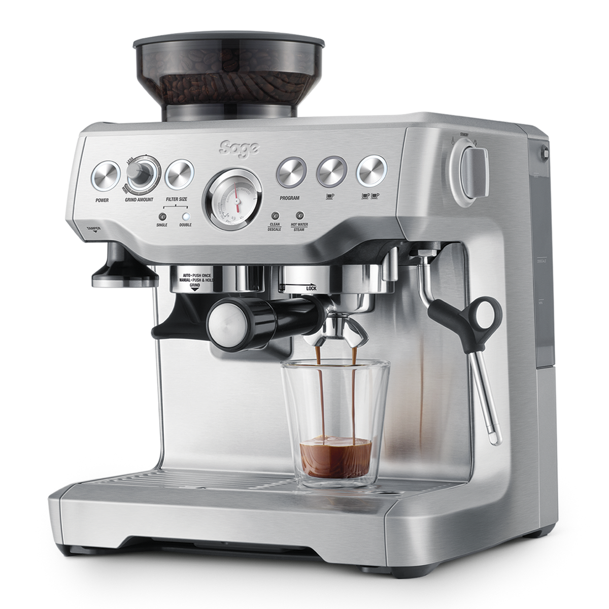 Sage The Barista Express stainless steel coffee machine with built-in grinder and espresso pouring into glass cup
