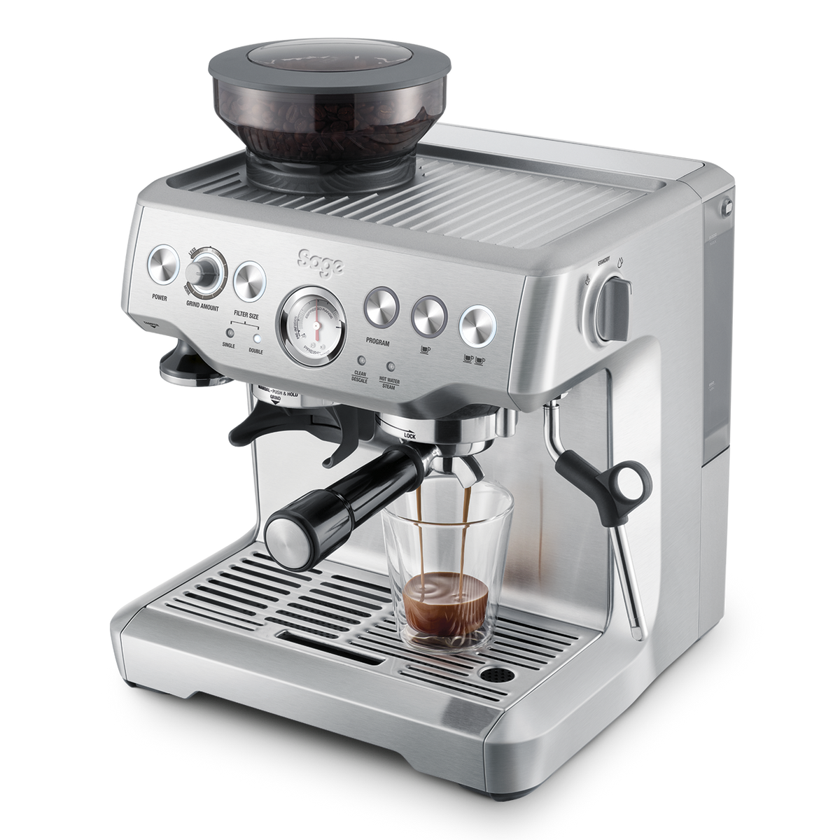 Sage The Barista Express stainless steel coffee machine with built-in grinder and espresso pouring into glass cup