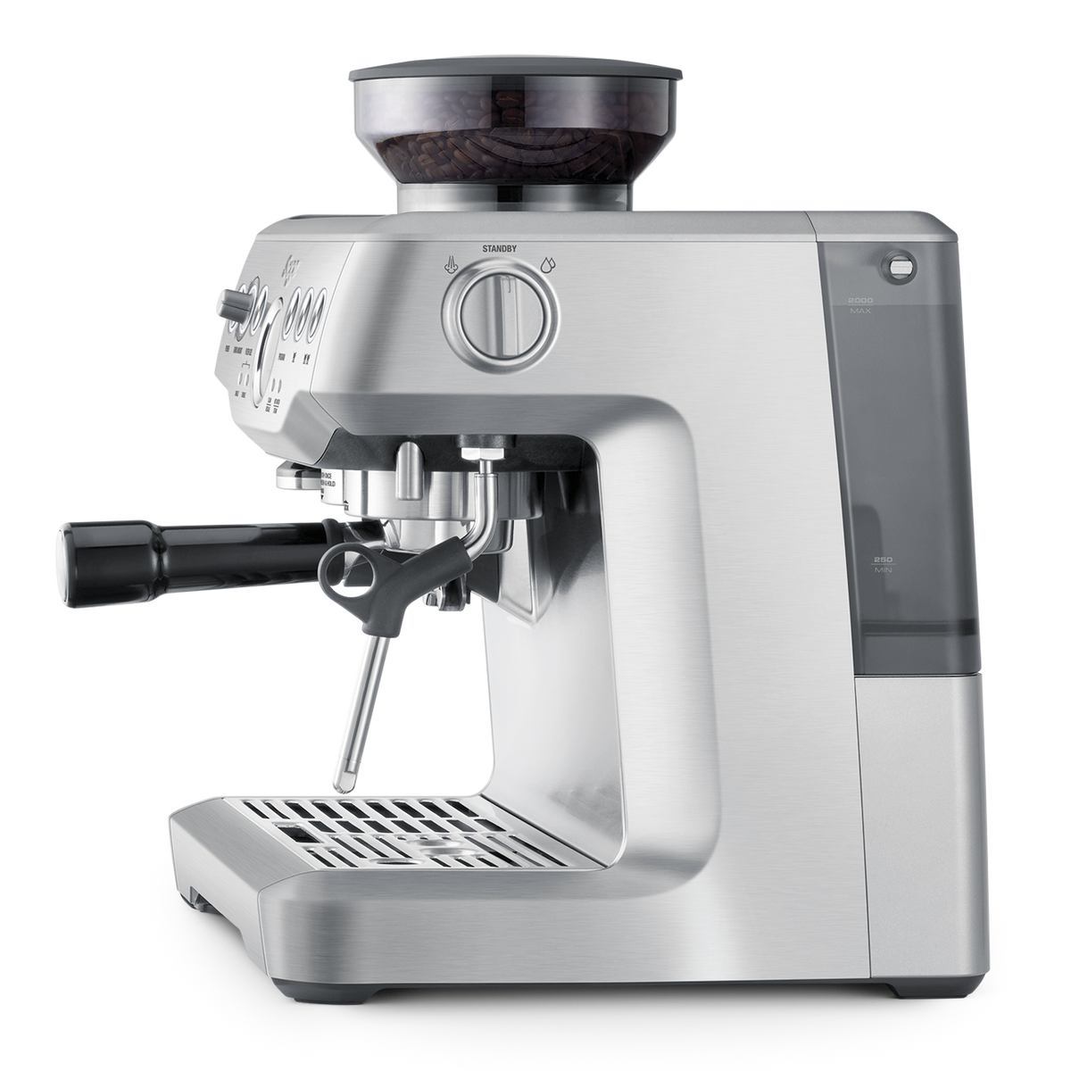 Sage The Barista Express stainless steel coffee machine side view with portafilter and bean hopper filled.