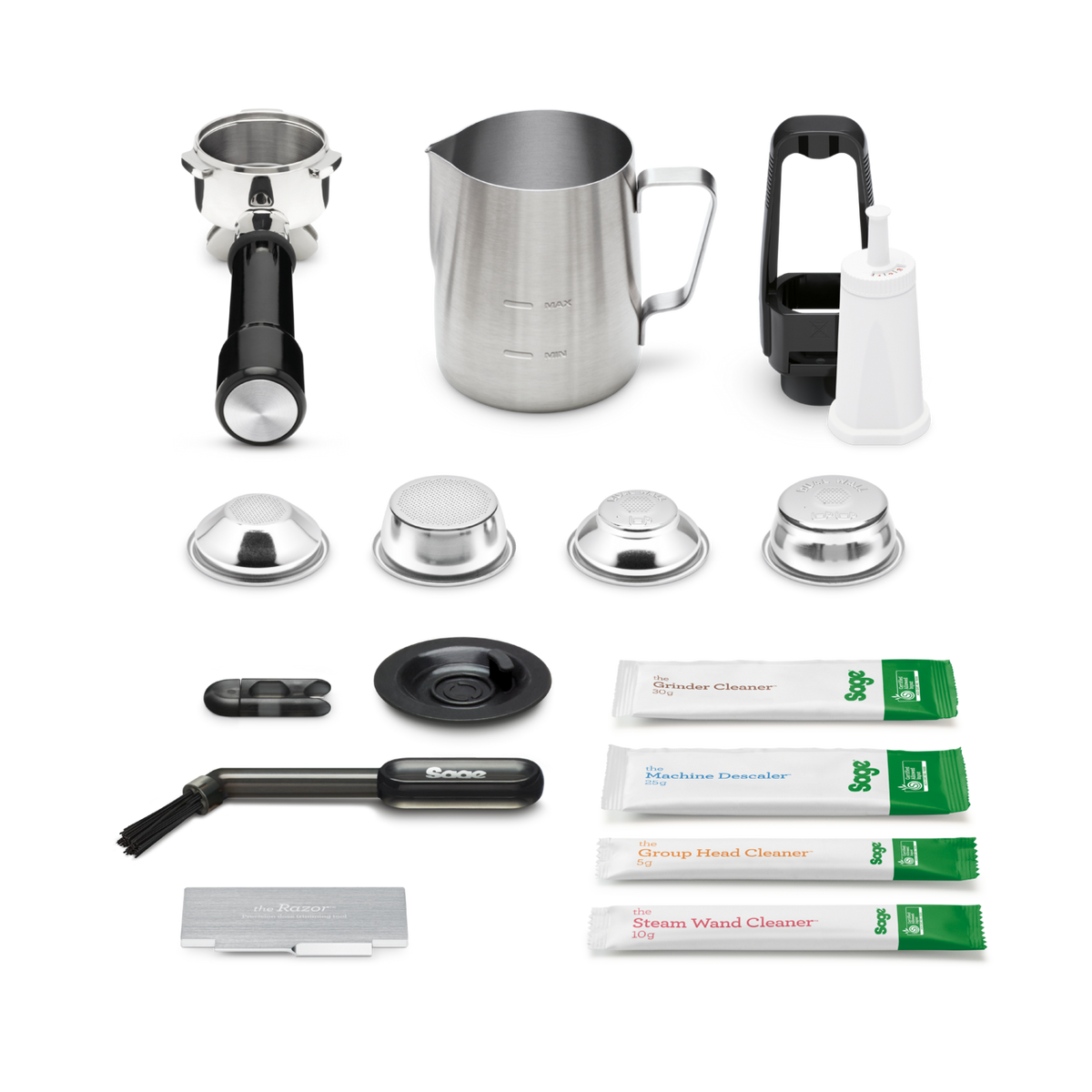 Sage Barista Touch Impress accessories including portafilter, milk jug, cleaning tools, and cleaning sachets on white