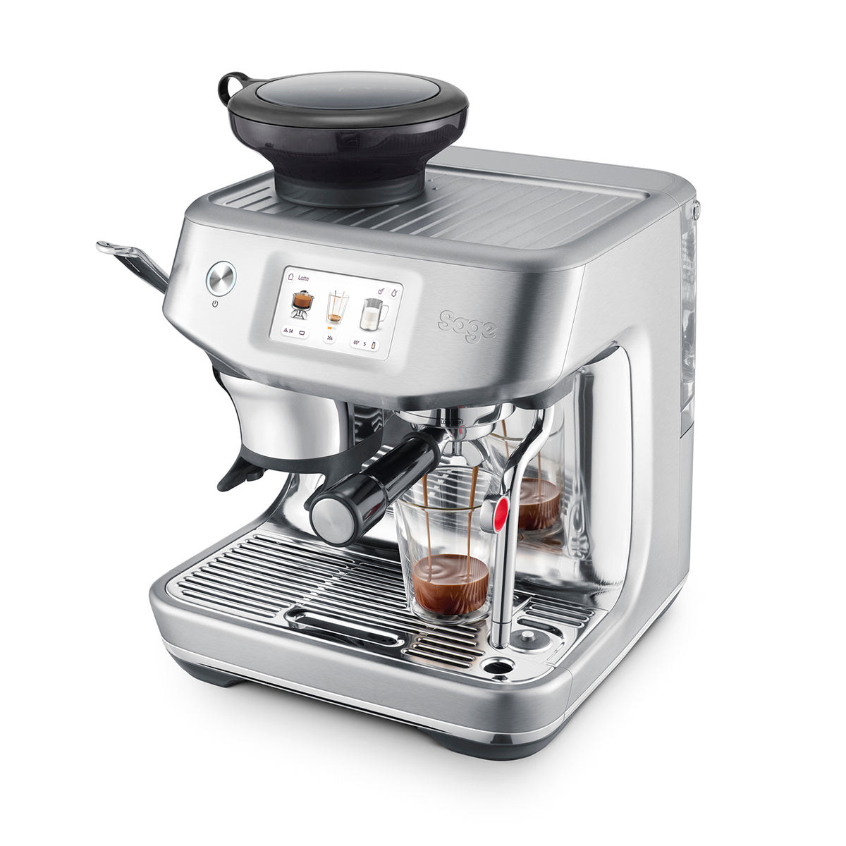 Sage Barista Touch Impress stainless steel espresso machine with touchscreen and espresso pouring into glass cup