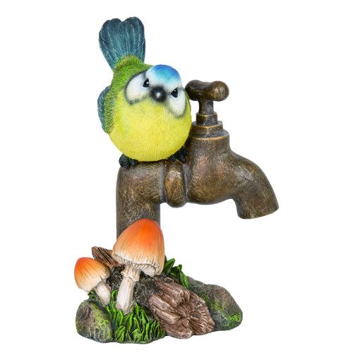 Blue Tit resin garden ornament on bronze tap with toadstools, 14cm, UV protected, indoor/outdoor - Keans Claremorris