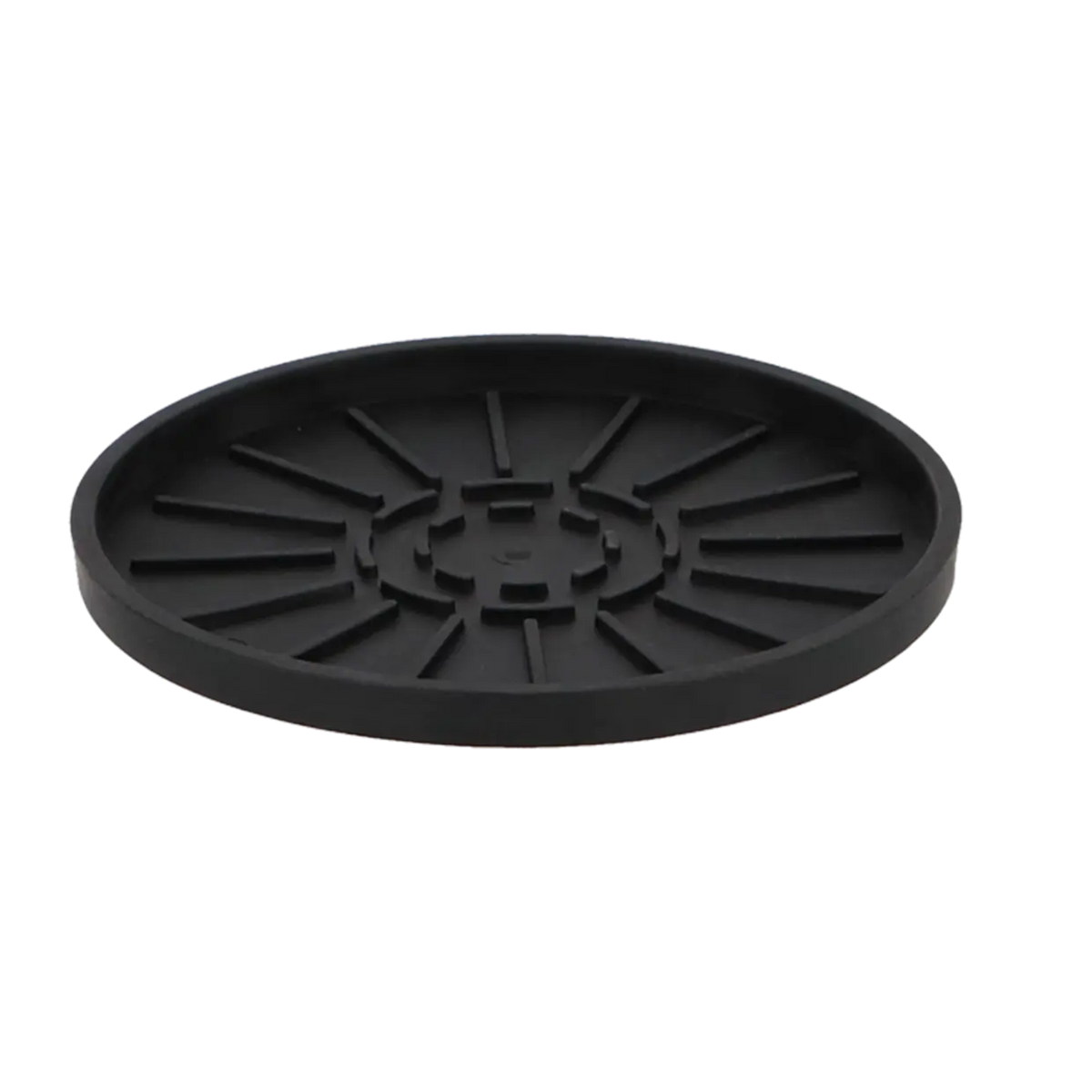 Black plastic Esschert Plant Saucer with raised ridges and 14cm diameter, shown from a low angle.