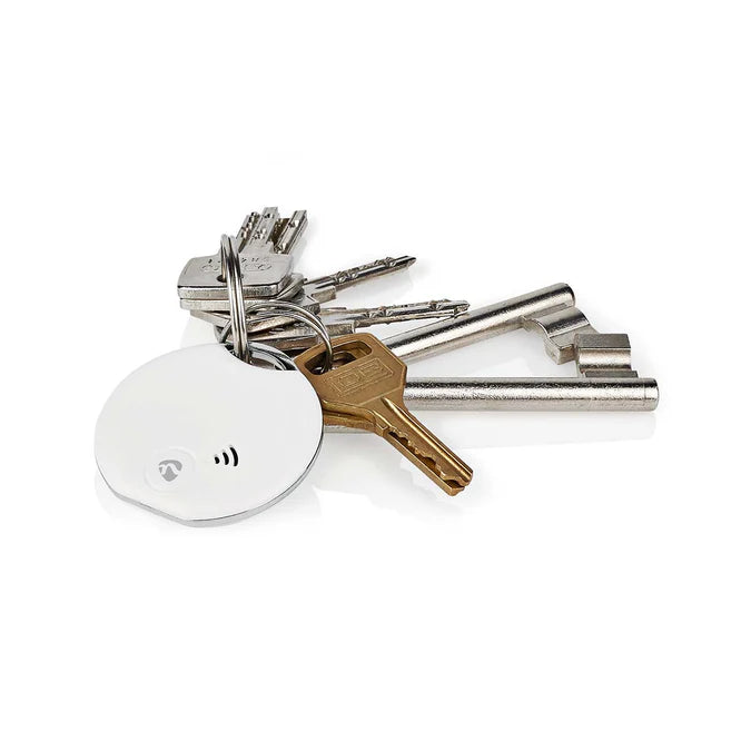 Nedis Bluetooth Key & Luggage Finder attached to a keyring with multiple keys on a white background