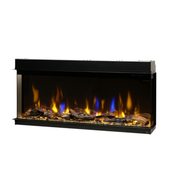 Dimplex Ignite Bold 50″ electric fireplace with realistic flames, ceramic logs, and panoramic glass display.