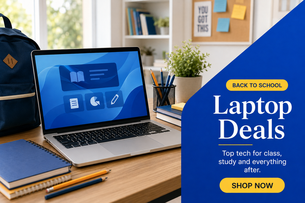 A laptop sits open on a wooden desk in a bright study or office setting, with notebooks, pencils, a plant, and a backpack nearby. A large blue promotional overlay on the right reads 'BACK TO SCHOOL Laptop Deals' with 'Top tech for class, study and everything after.