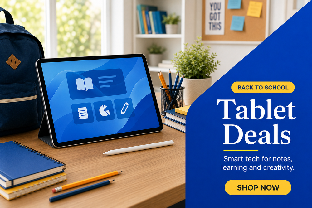 A tablet on a wooden desk in a bright school or home office setting, with notebooks, pencils, a backpack, and a plant. A large blue promotional overlay on the right reads 'BACK TO SCHOOL Tablet Deals' with 'SHOP NOW' buttons.