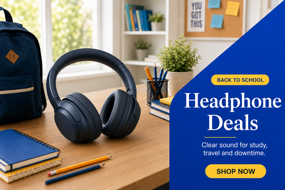 A pair of dark gray over-ear headphones sits on a wooden desk in a bright school or home office setting, with notebooks, pencils, a plant, and a backpack nearby. A large blue promotional overlay on the right reads 'BACK TO SCHOOL Headphone Deals' with 'SHOP NOW' buttons.