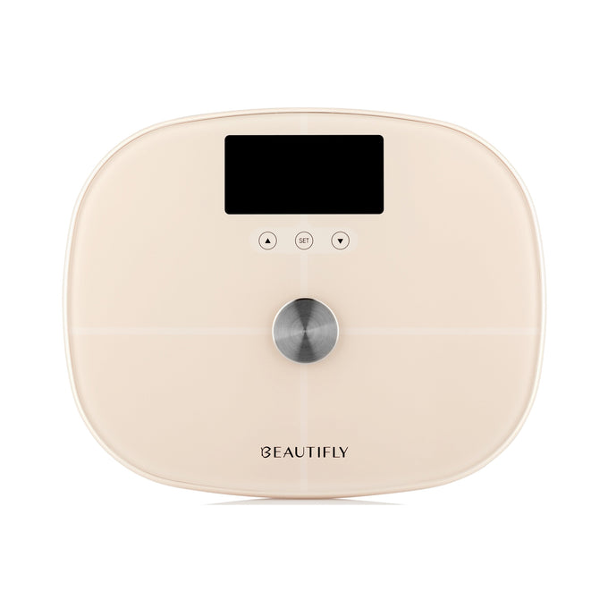 Beautifly SlimSense Beige Glass Scale with Bluetooth, body composition analyzer, multi-user memory – available at Kean’s