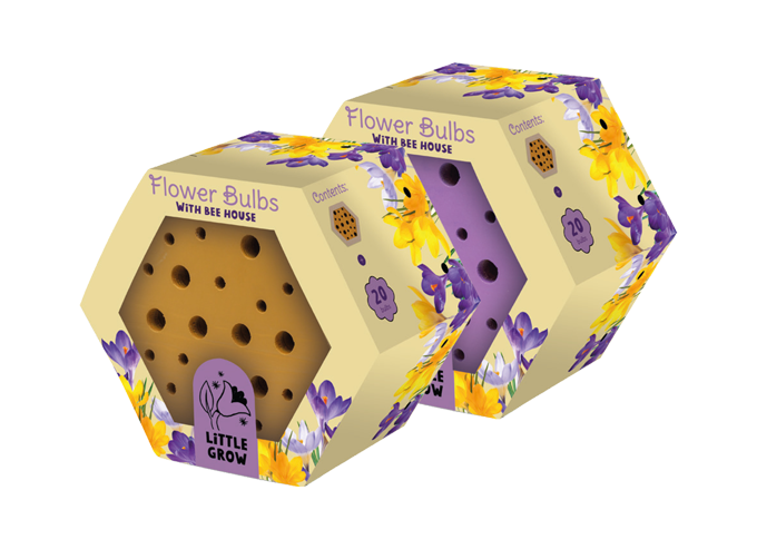 Two hexagonal packages of Little Grow Flower Bulbs with Bee House, featuring a honeycomb design with a visible brown bee house insert and purple floral illustrations on a white background.