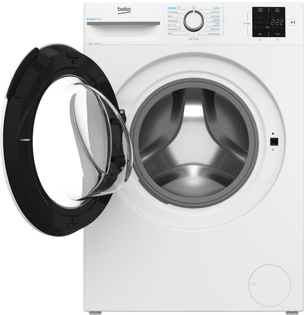 A white Beko front-loading washing machine with its door open, showing the stainless steel drum interior against a plain white background.