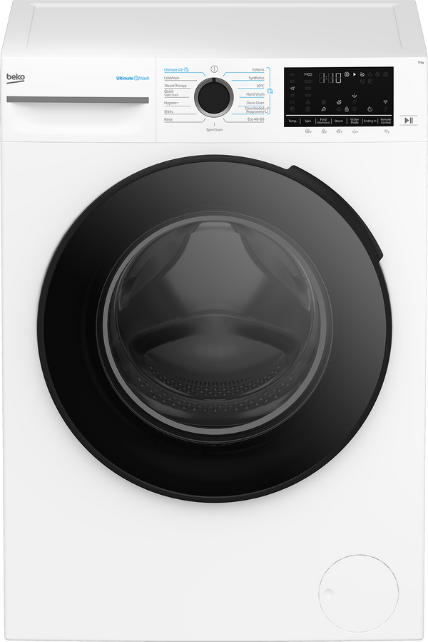 A white front-loading washing machine with a large black circular door, a top control panel with a digital display, and the GRAUNDG brand logo on the upper left.