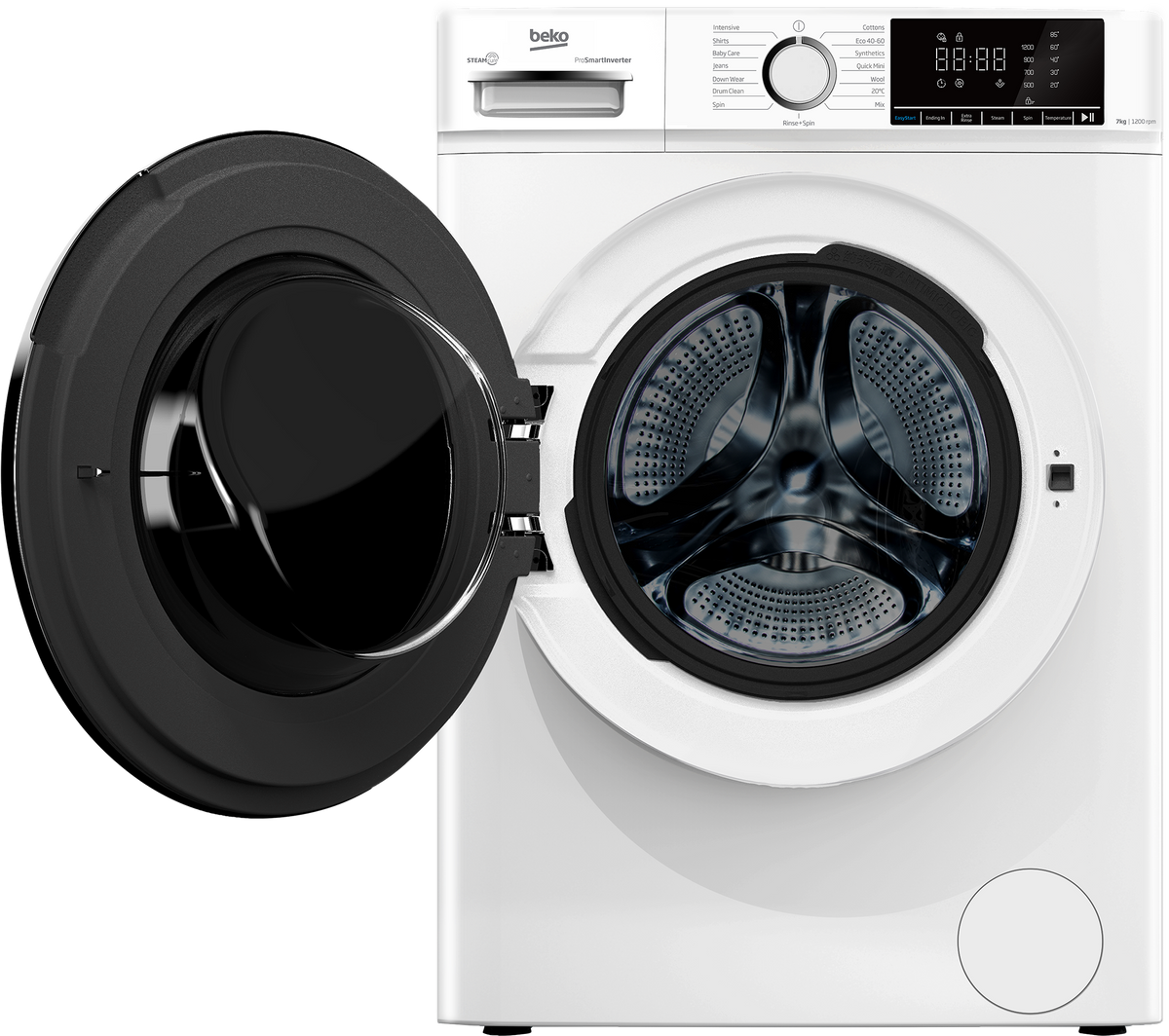 A white front-loading washing machine with its door open, showing the black drum interior. The Belkin logo is visible on the top control panel against a clean white background.