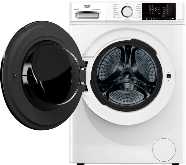 A white front-loading washing machine with its door open, showing the black drum interior. The Belkin logo is visible on the top control panel against a clean white background.