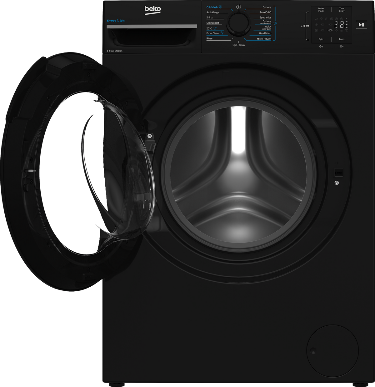 A black Beko front-loading washing machine with its door open, showing the interior drum and control panel against a plain white background.