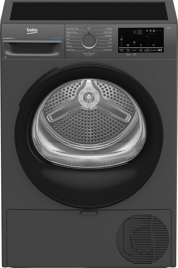 A Beko front-load tumble dryer in dark gray, featuring a large circular transparent door showing the stainless steel drum inside, with a control panel on top and a vented lower panel.
