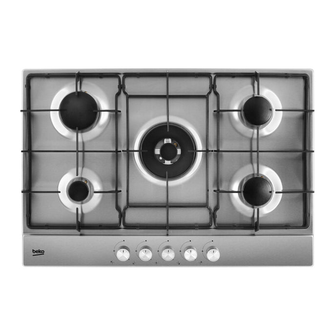 Beko HIAW75224SX 75cm stainless steel gas hob with 5 burners, wok burner, flame safety, sold by Kean’s Claremorris. – online