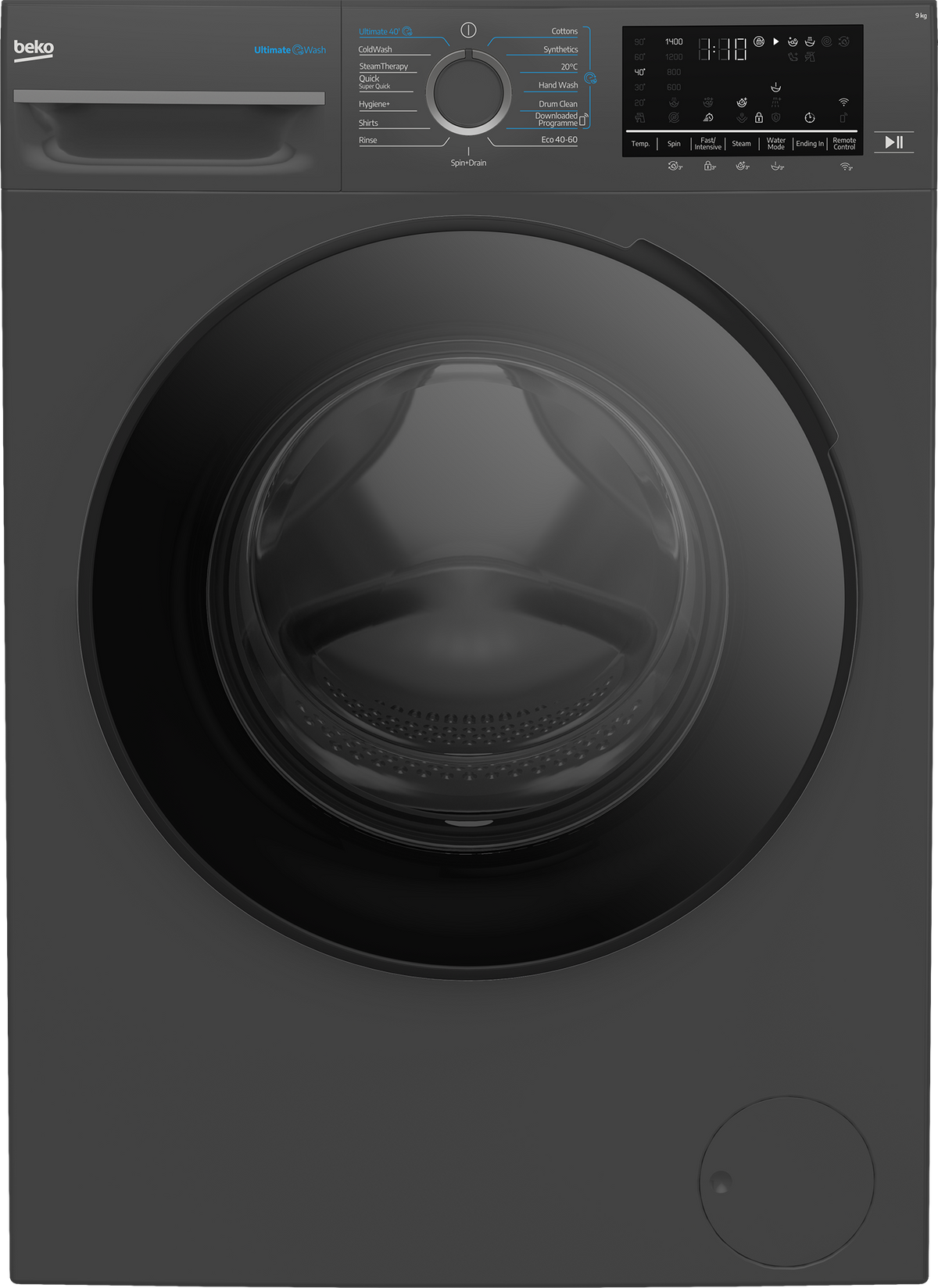 A front-load washing machine in dark gray/black with a large circular glass door, a top control panel with a digital display, and a detergent drawer on the upper left. The Beko brand logo is visible in the top-left corner.