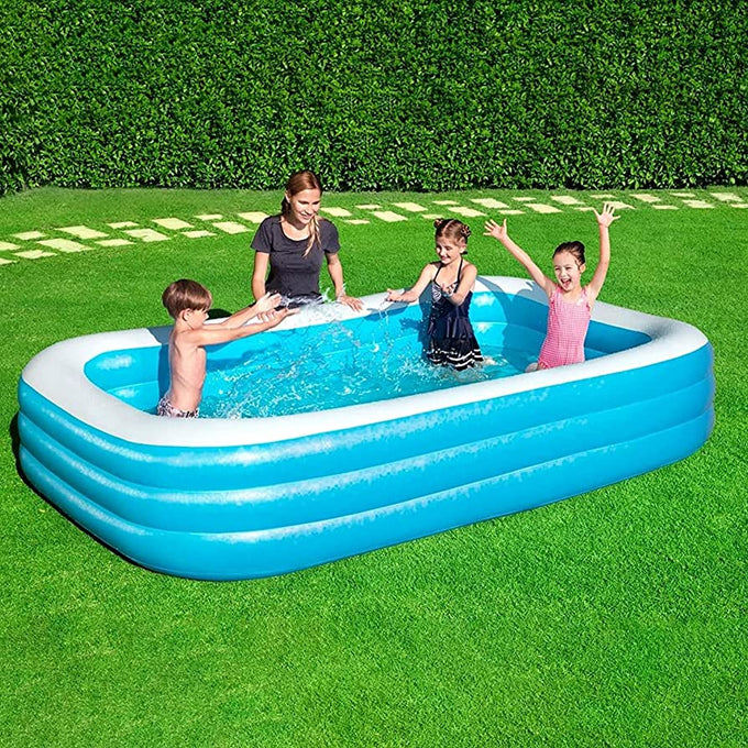 Bestway Blue Rectangular Family Pool with durable vinyl, extra-wide walls, quick drain valve – Keans Claremorris