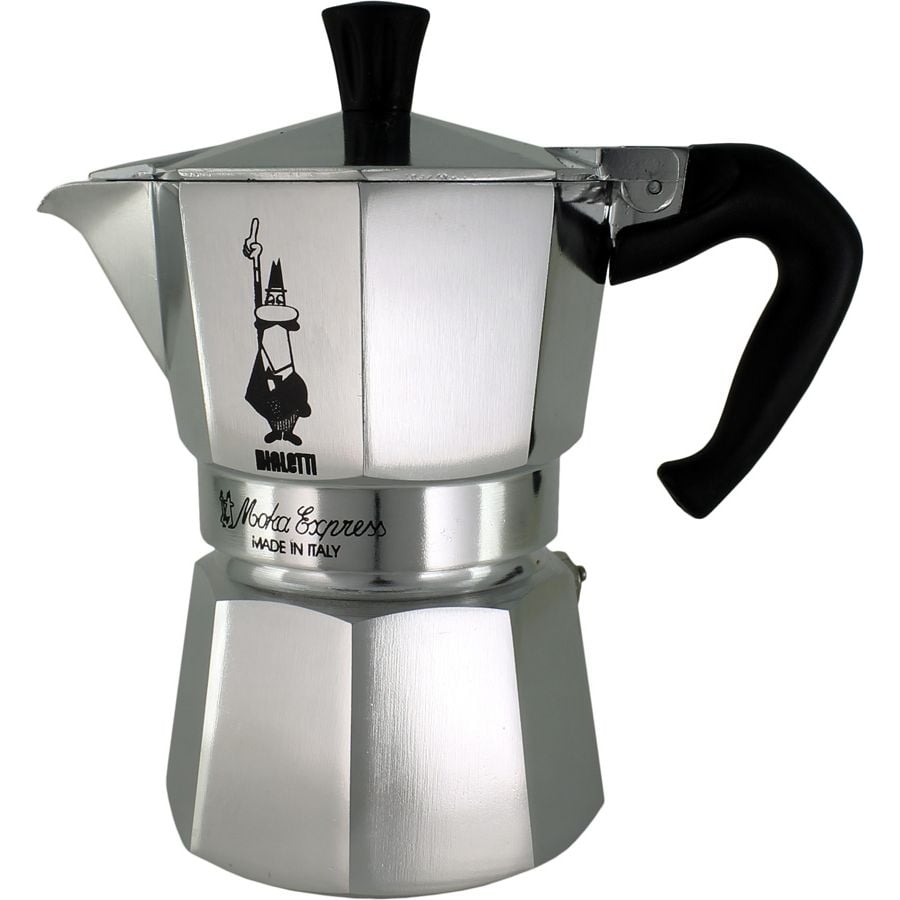 Bialetti Moka Express 3-cup stovetop coffee maker in aluminum with black handle and iconic logo.