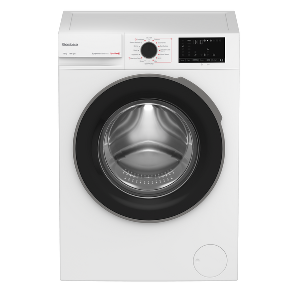 A front-loading washing machine in white with a large black circular door, a digital control panel on top, and a circular drain port near the bottom right, shown on a plain white background.