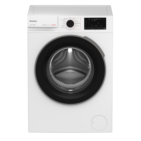 A front-loading washing machine in white with a large black circular door, a digital control panel on top, and a circular drain port near the bottom right, shown on a plain white background.