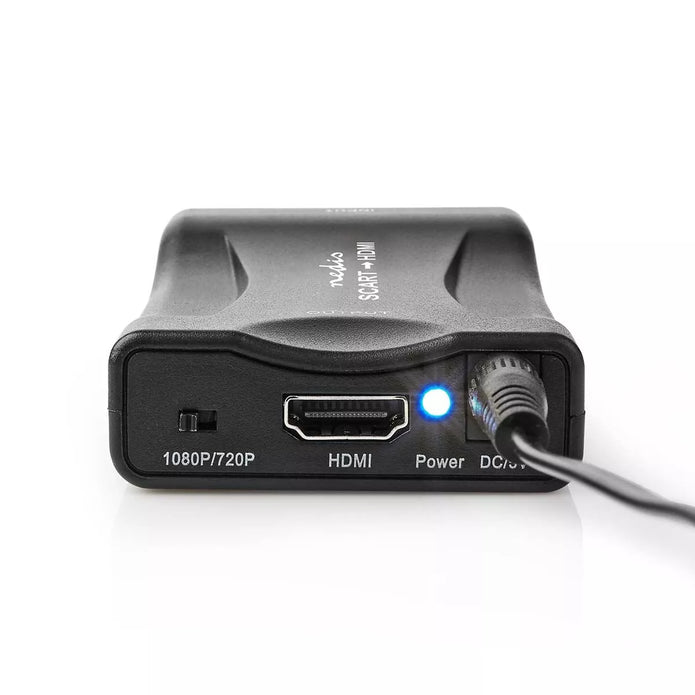 NEDIS Scart to HDMI adaptor showing HDMI port, power indicator light, resolution switch, and connected power cable.