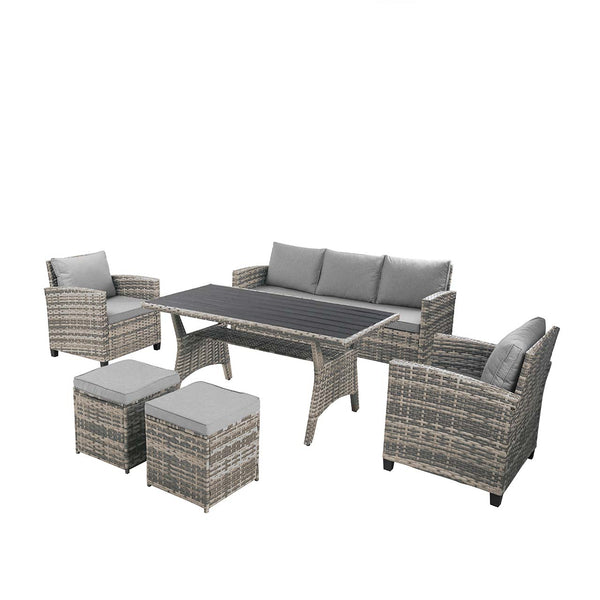 Bologna Grey Sofa and Dining Set with 3-seater, 2 armchairs, 2 ottomans, polywood table, grey rattan, light grey cushions -