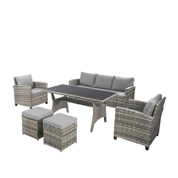 Bologna Grey Sofa and Dining Set with 3-seater, 2 armchairs, 2 ottomans, polywood table, grey rattan, light grey cushions -