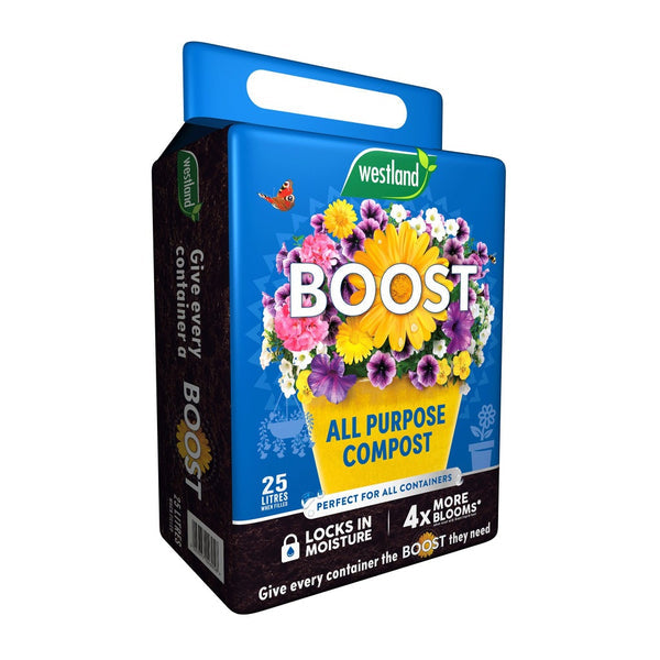 Boost All Purpose Compost 25L mini bale with moisture lock technology for vibrant container plants – available at Keans