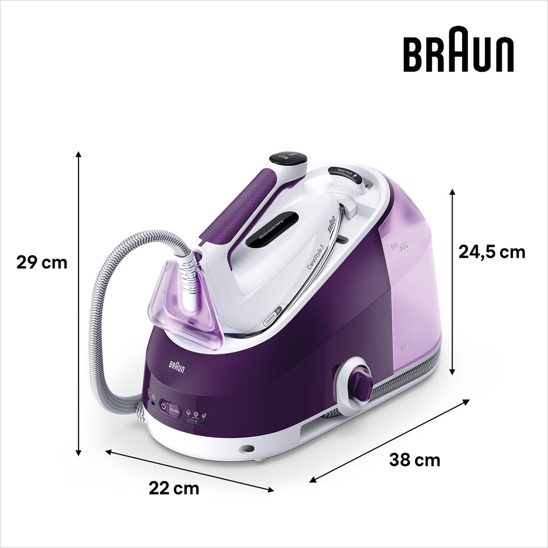 Braun Carestyle 5 steam generator iron in white and violet with hose and control panel, shown with dimensions.