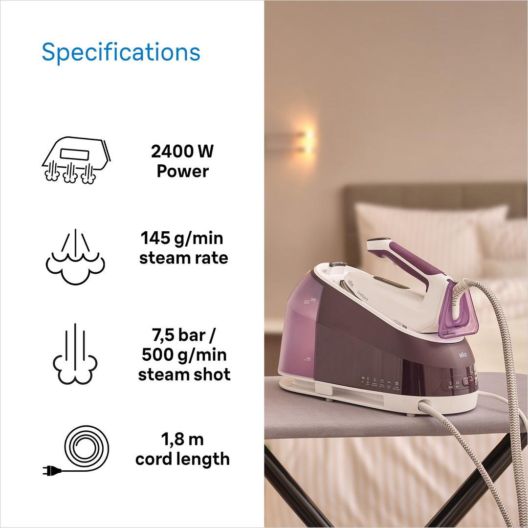 Braun Carestyle 5 steam generator iron in white and violet on an ironing board in a bedroom setting.