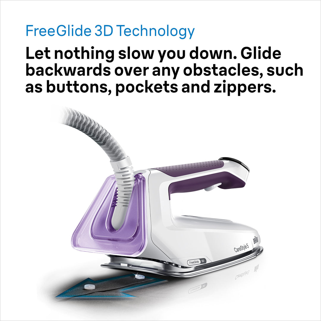 Braun Carestyle 5 steam generator iron in white and violet, angled side view with steam hose attached