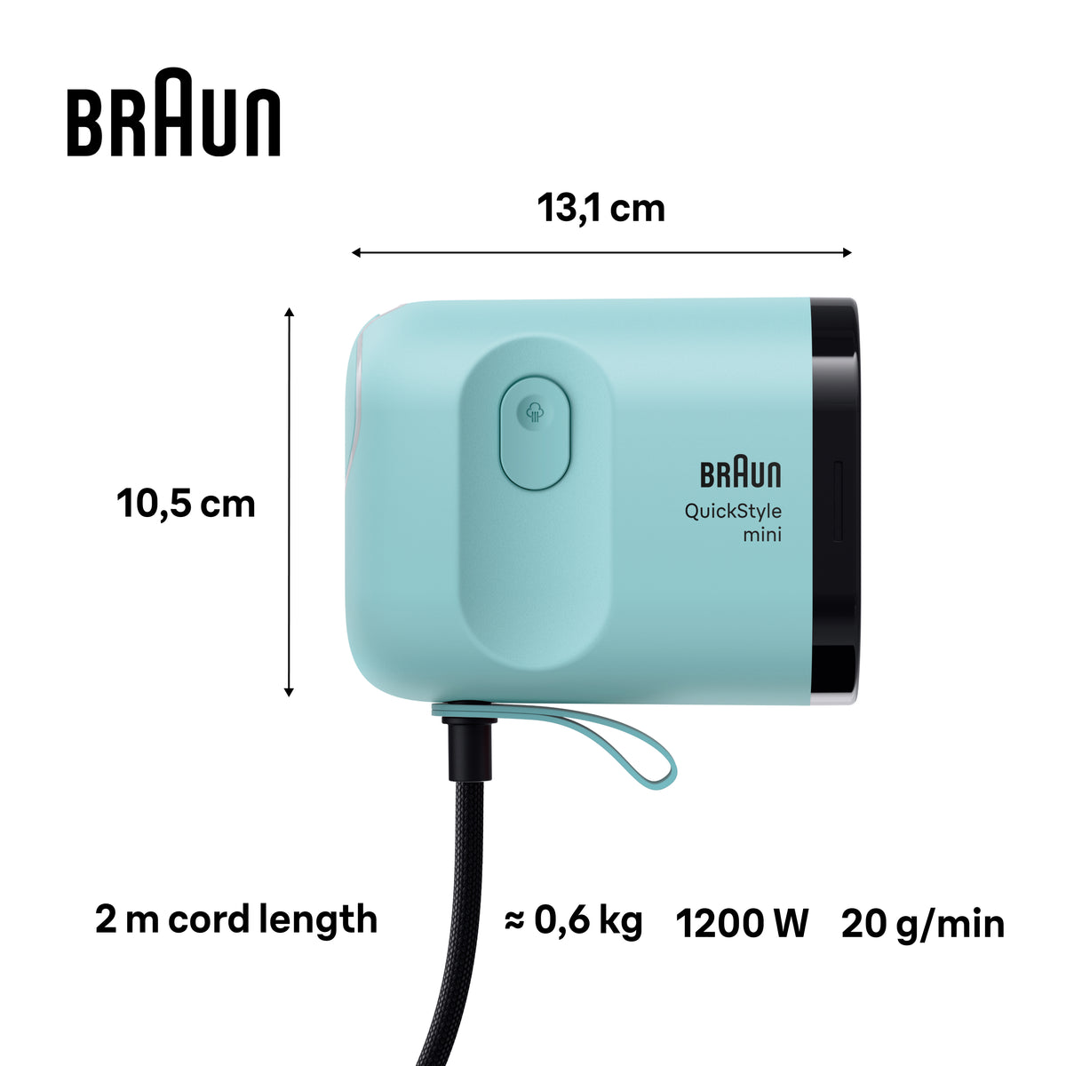 Braun Carestyle Mini Travel Garment Steamer in green with power button and attached black cord.