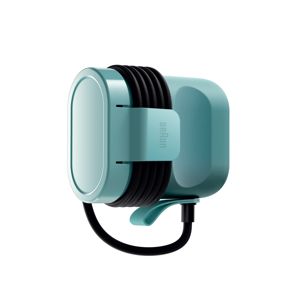 Close-up of the green Braun Carestyle Mini Travel Garment Steamer with cord wrapped around the side.